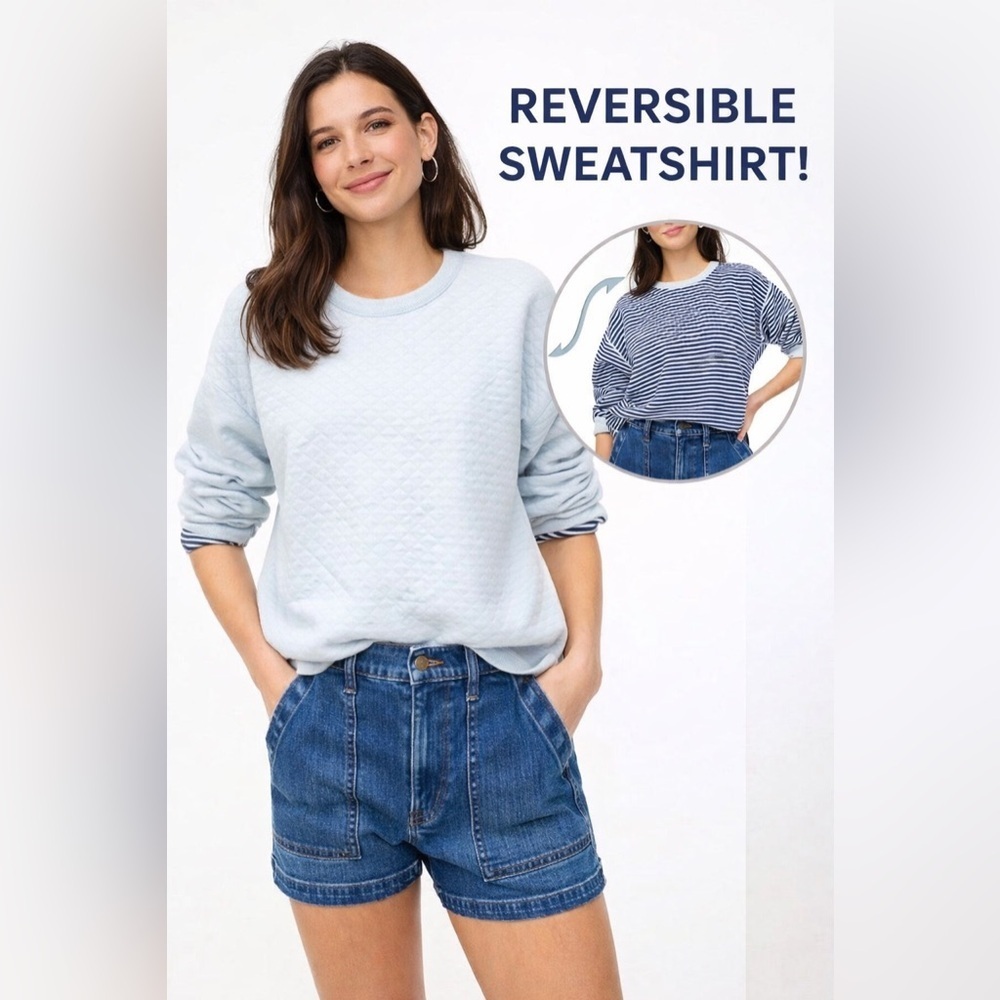 NWT J.Crew Reversible Quilted Sweatshirt XS Blue Stripe Pullover